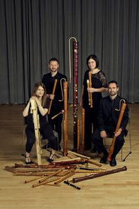 The Flautadors in a rehearsal studio with recorders of all shapes and sizes